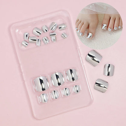 24 pcs Glossy Gold Silver Metallic Mirror Press On Chrome Toenails Short Square Fake Toenails for Women and Girls