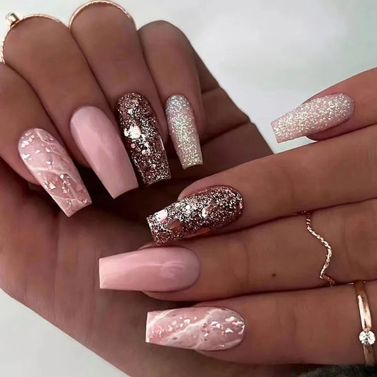 24Pcs Marble Grain Shiny Powder with Design False Nails Long Balet Nails Set Press on Detachable Full Cover Fake Nails Tips Art