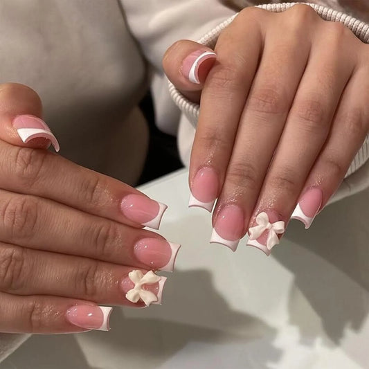 24Pcs White French Edge Short Square False Nails With 3d Bow Design Fully Covered Acrylic False Nails Reusablealse Nails