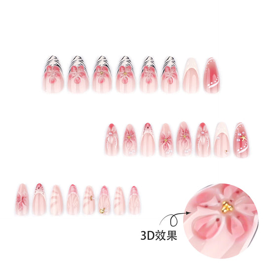 24PCS 3D Gradient Floral False Nails Colorful Shell Almond Press on Nails Gold Star Pearl Design Sweet Ocean Series Manicure Tip