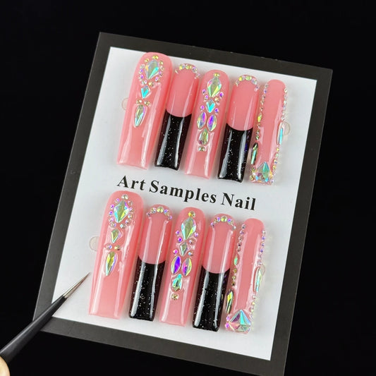 10pcs high-end Sweet girl style, hand-painted three-dimensional square diamond, fine glittering small diamond handmade fake nail