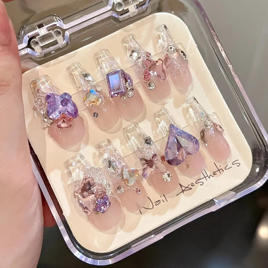 10pcs Handmade Press On Nails,Fantasy butterfly sparkling diamond fake nail design