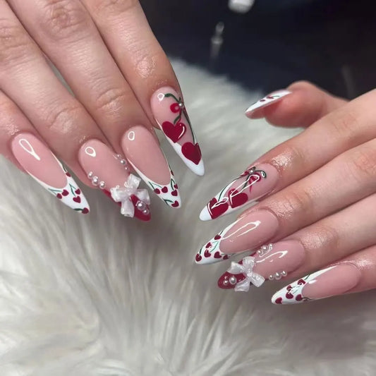24pcs Bow Pearl Design False Nails French Cherry Stick on Nail Tips Simple Long Almond Fake Nail Art Reusable Press on Nails Set