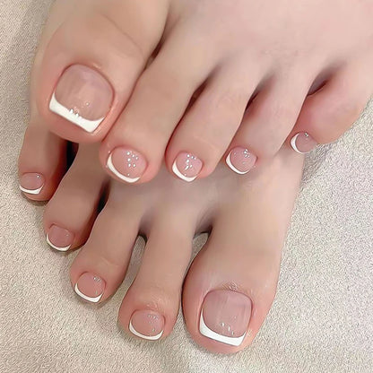24Pcs Simple Press on Toenails Silver Glitter Powder Fake Toe Nails Short Square False Nails for Women Summer Barefoot Decor