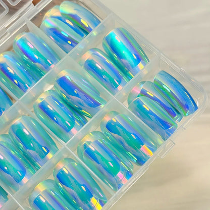 144Pcs Holographic Blue Chrome Press On Nails Iridescent Plating Medium Square Fake Nail for Women Daily Party False Nail Tips D