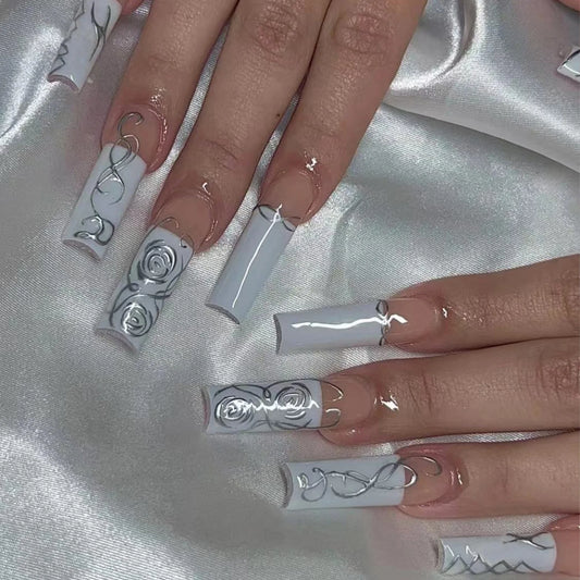 24pcs 3D Flower Bowknot False Nail Tips y2k Style Fake Nail Long Coffin Ballet Spice Girls European Press on Nails Wearable