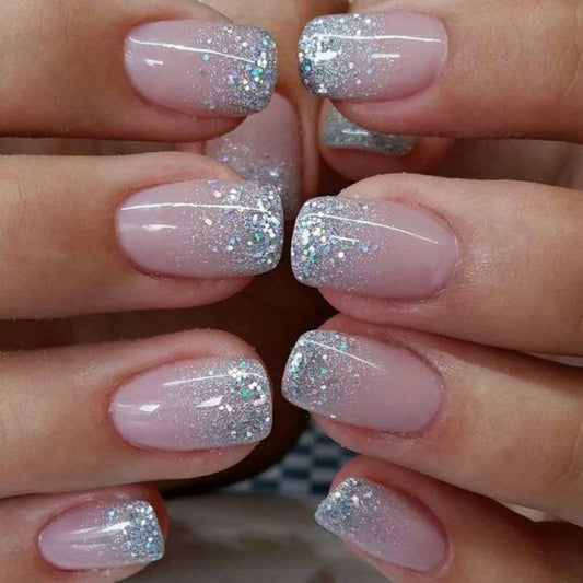 24pcs Short Square Coffin Fake Nails White French Tips False Nails Glitter Full Cover Nail Art Simple Wearable Press on Nails