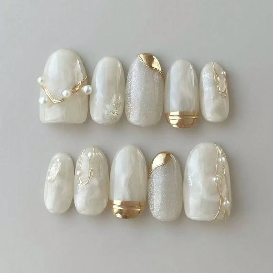 10Pcs Simple French Handmade Nail Set Full Cover Pink Cat Eye Shiny Golden Stripes Stick on Nails Short Oval Removable Fake Nail