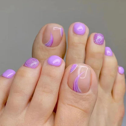 White French Nude Pink Short Fake Toenails Shiny Rhinestone Summer Flower Toe False Nails Detachable Press on Toenails with Glue