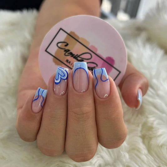 ARTAUG 24pcs Medium Square Blue High Saturation Nail Fingertip French Trim Charms Press On Nails Cover Fake Nail Set