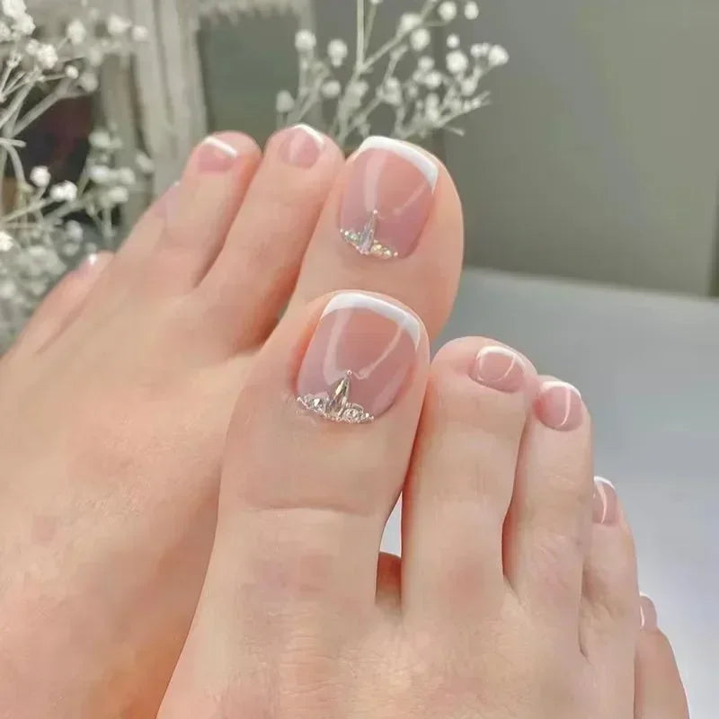 3D Gold Edge French Nude Toenail Art Fashion Simple Wearable Fake Toenails Detachable Toe False Nails Press on Nails with Glue