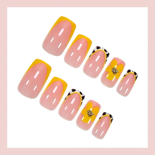 24PC Square False Nails Yellow Flower Cow Pattern Flash Diamond Design French Tip Press on Nails Removable Fake Nails for women