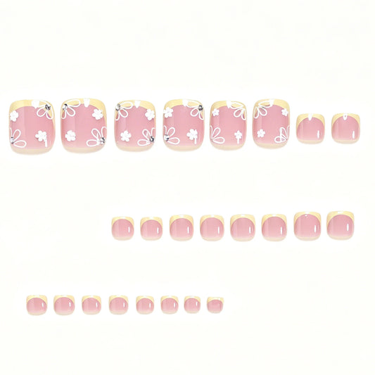 Yellow French Square Toe Nails With White Floral Design 24 Pieces Resin Material For Most Foot Types