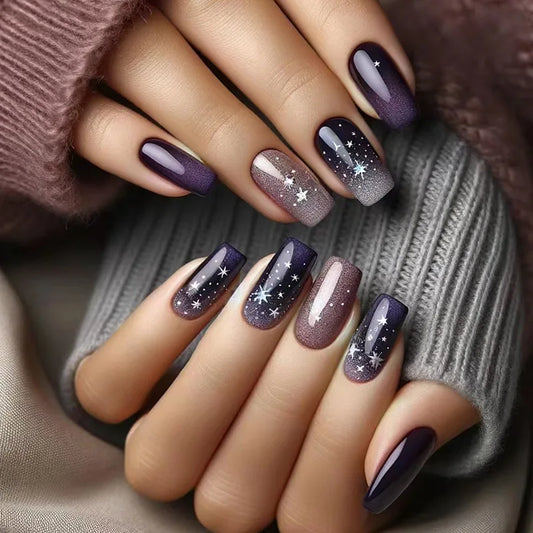 24pcs Mid-length Ballet False Nails Sets Purple Press on Nails Fruit Stick on Nail Art Wearable Coffin Fake Nail Tips Finished
