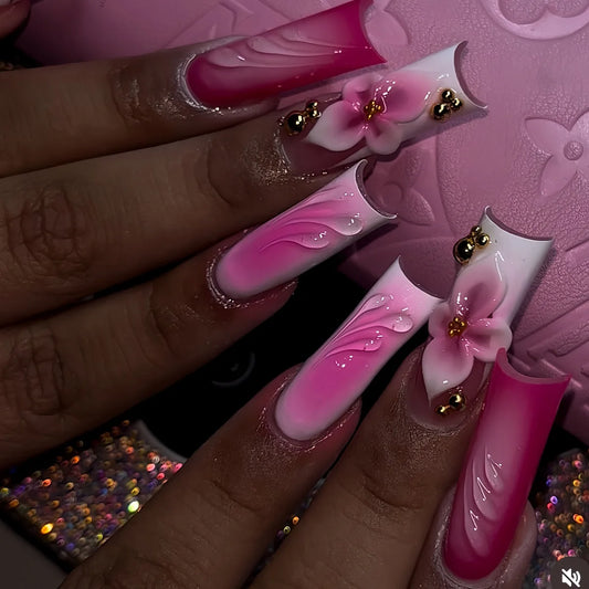 24Pcs Long Square Head Press on False Nails 3D Flower Pink Smudge Design Full Cover Nails Tips White French Wearable Fake Nails