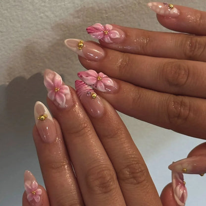 24Pcs French Short Almond Acrylic False Nails Full Cover Flower Pink Sweet Lovely Finished Nail Set Wearable Artificial Manicure