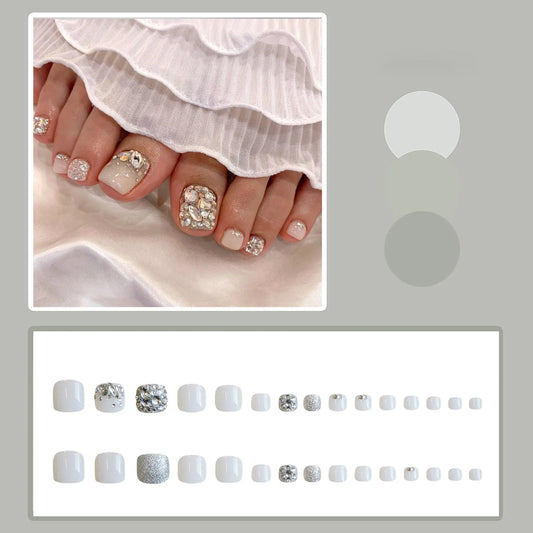 24pcs Full Shiny Rhinestone False Toenails Clear White Short Sqaure Shaped Ins Fake Toenail Silver Flash Powder Press On Nail