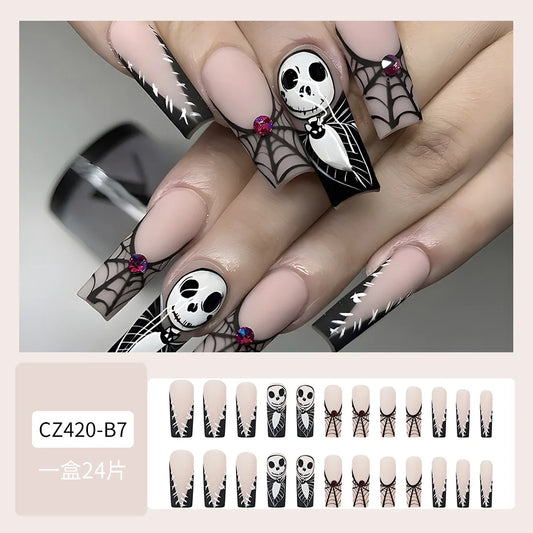 24pcs Halloween Press on Nails with Skull Black Spider Wed Design French Fake Nail Patch Full Cover Wearable False Nail Tips