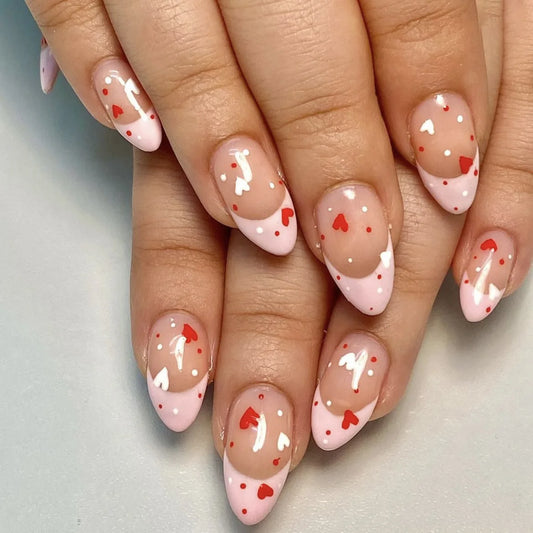 24Pcs Medium Almond Press on Nails Glossy Simple Wearable Acrylic False Nails Love Pattern Reusable Nails Stickers Set for Gifts
