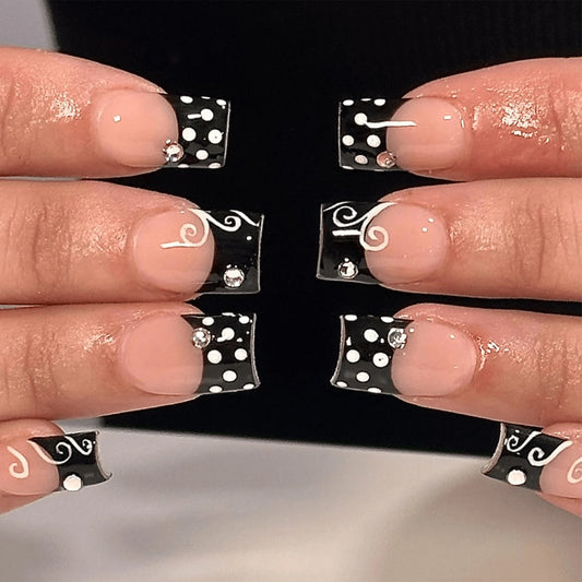 24pcs Simple Black French Style False Nails White Polka Dot Stripes Flash Diamond Decor Press On Nails Short Square Fake Nail