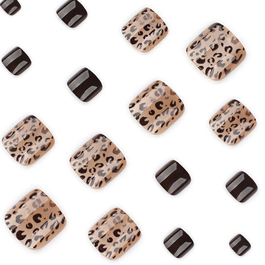 24pcs Brown Leopard Printed Fake Toenails Summer Wearing Press on Toenails Fashion Glossy Cat Eye Fake Toenail Patches for Girls
