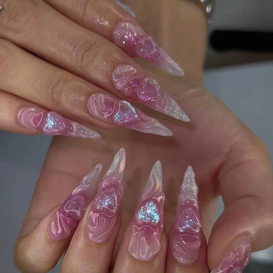 24Pcs Long Stiletto Press on False Nails Wine Red Stripe French Fake Nails 3D Flower Rhinestone Detachable Full Cover Nails Tips