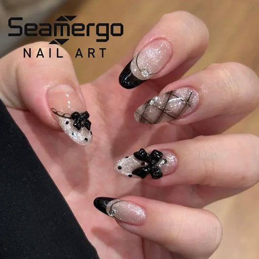 24PCS Sweet French Press on Nails Pink Almond Fake Nails with Bow Design Polka Dot Gold Bead Details Elegant Romantic Nail Art