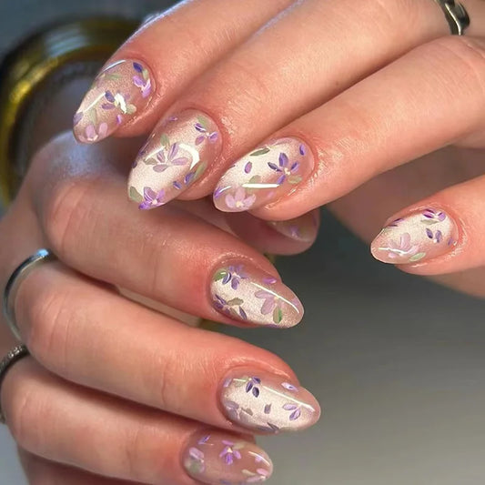 24pcs Cat's Eye Press on Nails Finished Flower Design Full Cover Almond False Nail Datachable Simple Round Head Short Fake Nail