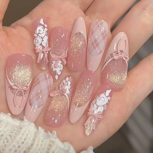 10Pcs Pink Almond Mid-length Press on Fake Nails French Hand Draw Roses Cat's Eye Nail Set Wearable Sweet Acrylic Nails Tips Art