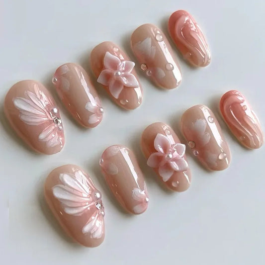 24pcs Flower Long Almond Press on False Nails Sets Reusable Gilded Lines Design Fake Nail Art Pearl French Full Cover Nail Tips
