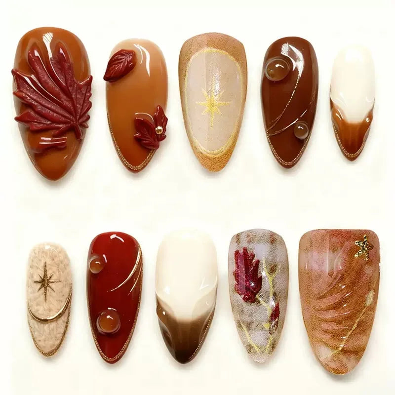 24Pcs Light Blue Smudge Fake Nails Press on Almond Gold Leaf Removable Long Full Cover Nail Tips Wearable Finished Nail Art