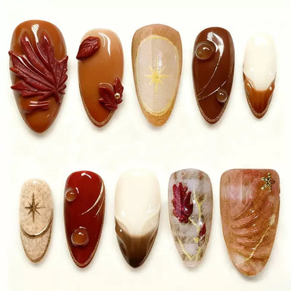 24Pcs Light Blue Smudge Fake Nails Press on Almond Gold Leaf Removable Long Full Cover Nail Tips Wearable Finished Nail Art