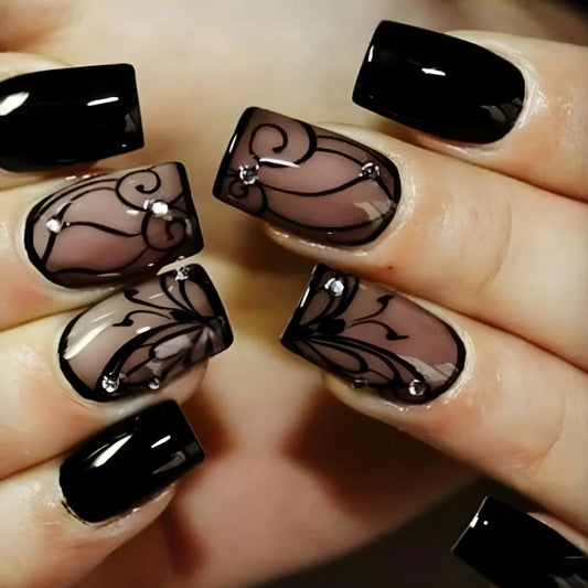24pcs Black Flower Full Cover Nail Tips Finished Short Square False Nails Sets Simple Ballet Fake Nail Wearable Press on Nails