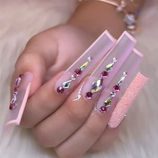 24Pcs Long Square False Nails Tips Shiny Powder 3D Flower Butterfly Rhinestone Fake Nail Blue Gradient Detachable Press on Nails