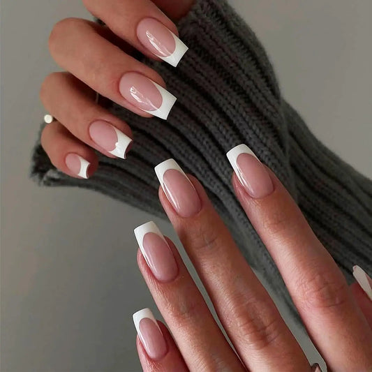 Instantly Upgrade Your Look With 24pcs-White French mid-length square full-coverage false nail set