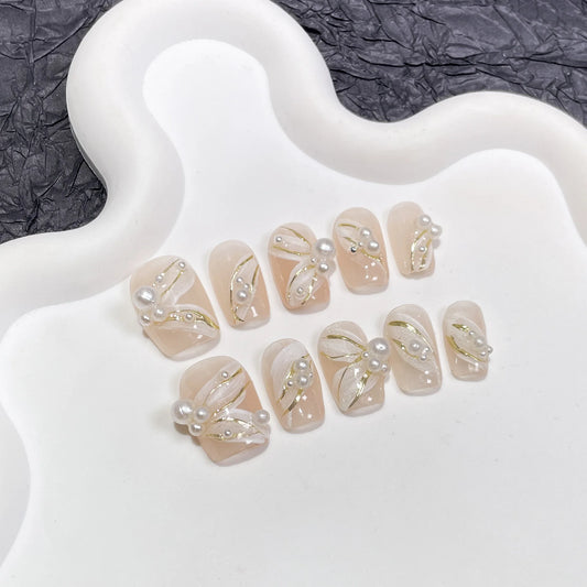 10Pcs Handmade Press on Nails False Nail Short Square Ballet with Pearl Flower Manicure Wearable Artificial White Fake Nails Set