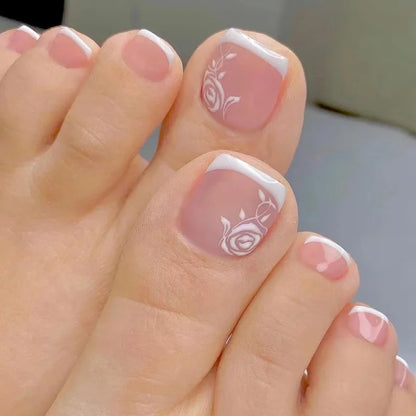 Simple White French Artificial Toenails Shiny Rhinestones Toe False Nails with Glue Wearable Short Flat Shape Fake Toenails