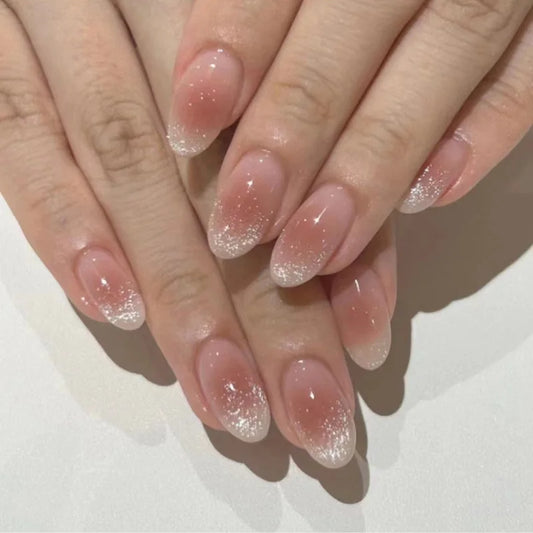 24pcs Wearable Nails Sets Press on Purple Cat's Eye Long Almond False Nails Simple Glitter Lines Design Fake Nail Tips Finished