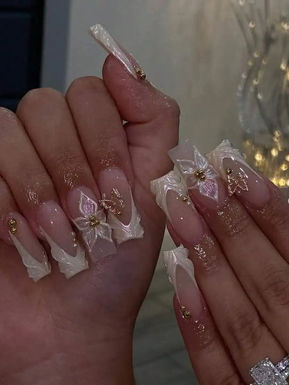 24pcs/Set Y2K French Medium Length Nail Tips, Sweet 3D Pink Flower & Wavy Design With Golden Beads Accent, Press-On Artificial