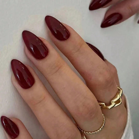 24Pcs/Set Simple Wine Red Fake Nails Mid-length Almond Press on Nails Art Wearable Round Head Oval Full Cover False Nail Tips