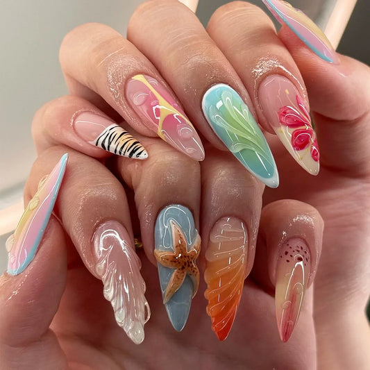 24pcs Ins 3D Starfish Shell Decor Fake Nails Ocean Gradient Press on Nails Full Cover Wearable French Almond False Nail Tips