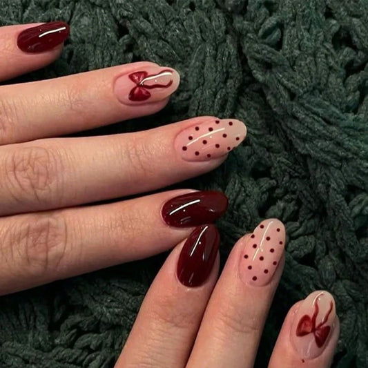 24Pcs/Set Short Almond-Shaped Fake Nails With Bowknot And Small Dot Designs Acrylic Nails Valentine'S Day Fake Nails