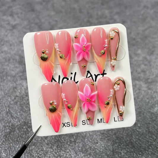 10pcs Gradient Pink French Handmade False Nail Art Flower Spicy Girl Long Stiletto Nails Tips Wearable Pearl Press on Fake Nails