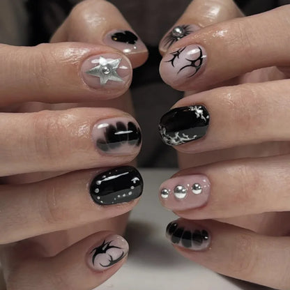 24Pcs Short Almond Fake Nails Butterfly Wings Nail Art with Glue Glitter Flower False Nails Acrylic Autumn Winter Press on Nail