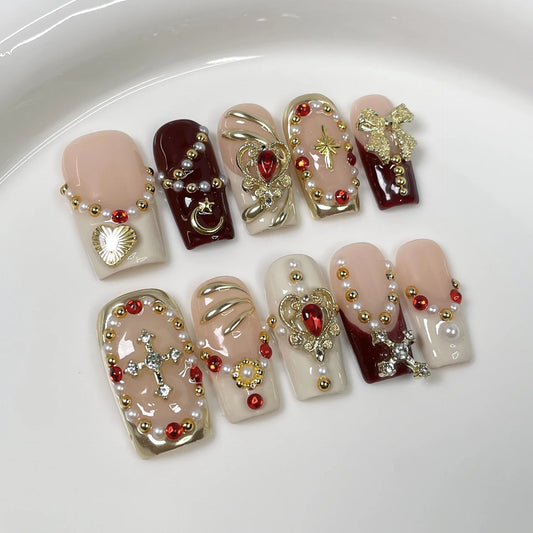 10Pcs Light Luxury Sweet Cool Coffin Wearing Manicure Vintage Heart Pearls Bow Golden Decorations Fake Nails French Acrylic Nail