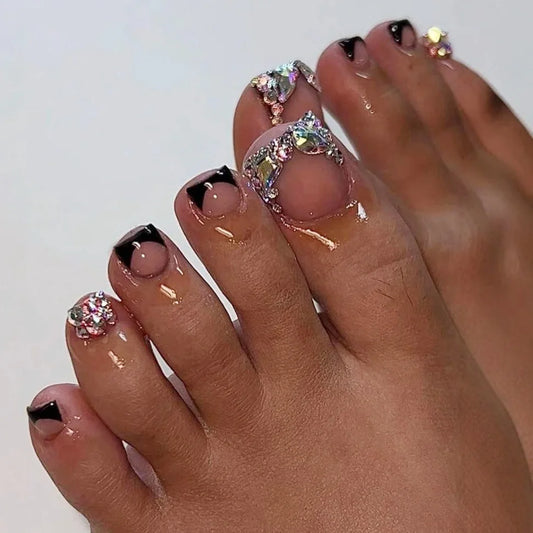24pcs Finished False Toenails Black French Fake Nail Tips with Rhinestone Design Press on Nails Feet Decor Full Cover Nail Sets