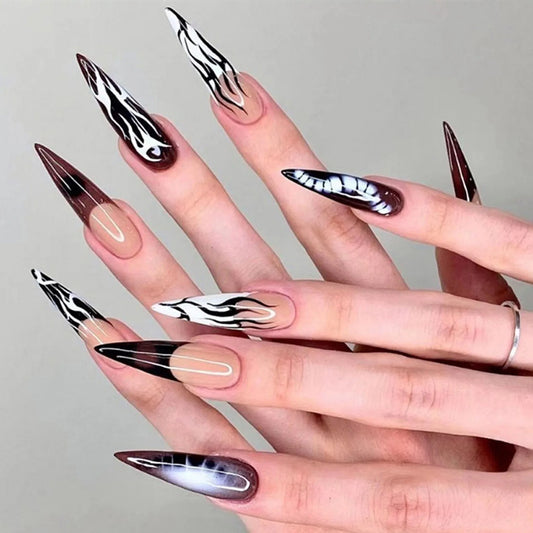 24pcs Long Pointed False Nails European Halloween Fake Nail Patch Full Cover Wearable Ghost Spider Pattern Design Press on Nails