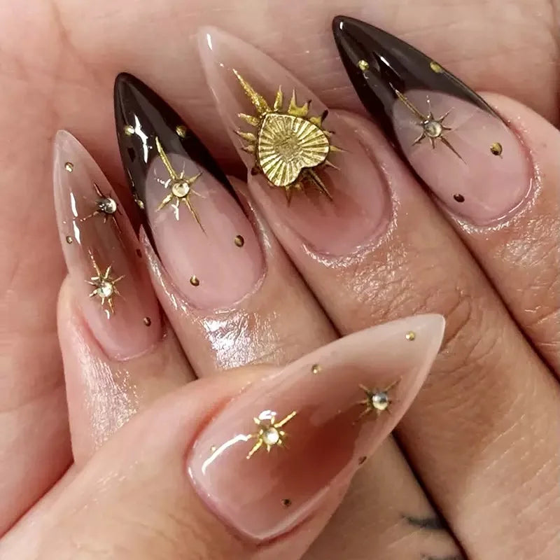 24Pcs Light Blue Smudge Fake Nails Press on Almond Gold Leaf Removable Long Full Cover Nail Tips Wearable Finished Nail Art
