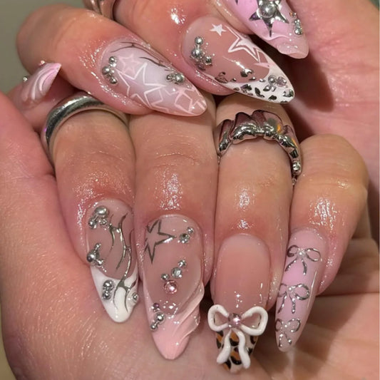 24pcs Finished Almond False Nails Sets Gradient Red Tips Long Stiletto Fake Nail Wearable with Bow Love Design Press on Nails