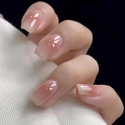 10Pcs Pink Glossy Simple Stylish Press on Nails Sweet Simple for Daily French Designs Short Square Gradient False Nails Tips Set